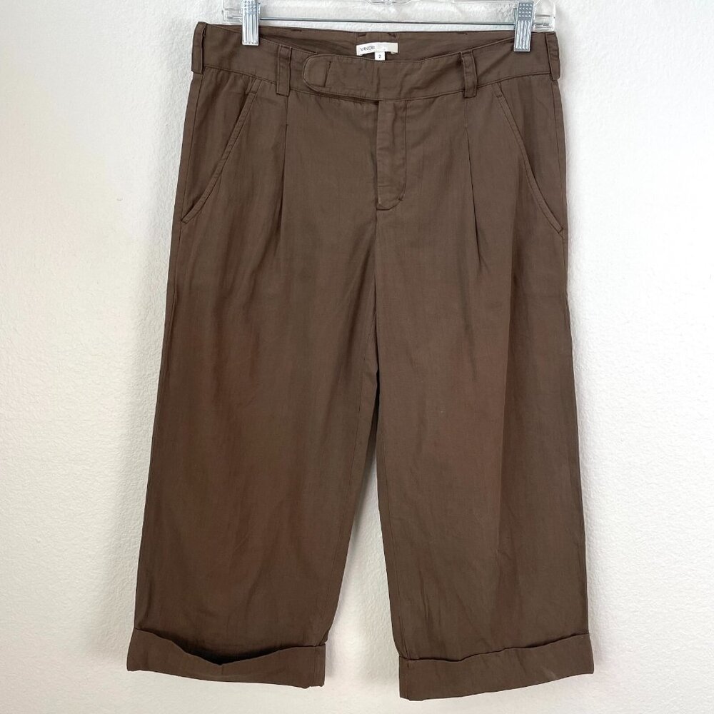 Vince Womens Size 2 Crop Capri Pants Pleated Brown 100% Cotton